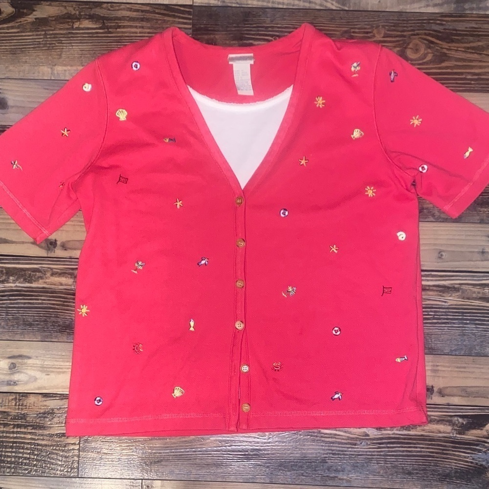 Vintage Koret Francisco Red Embroidered Button Down Shirt sea theme